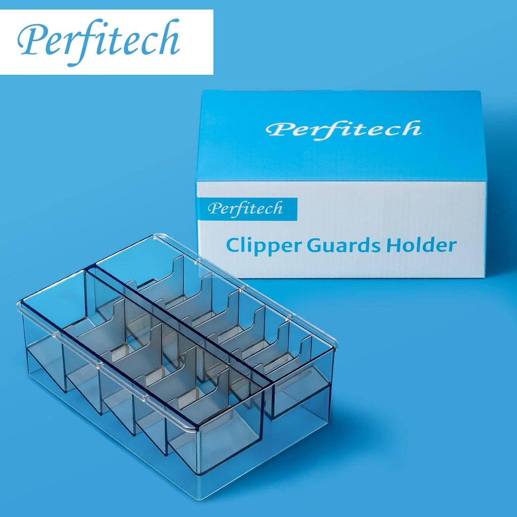 Clipper guard holder organizer in clear case with 12 slotted compartments