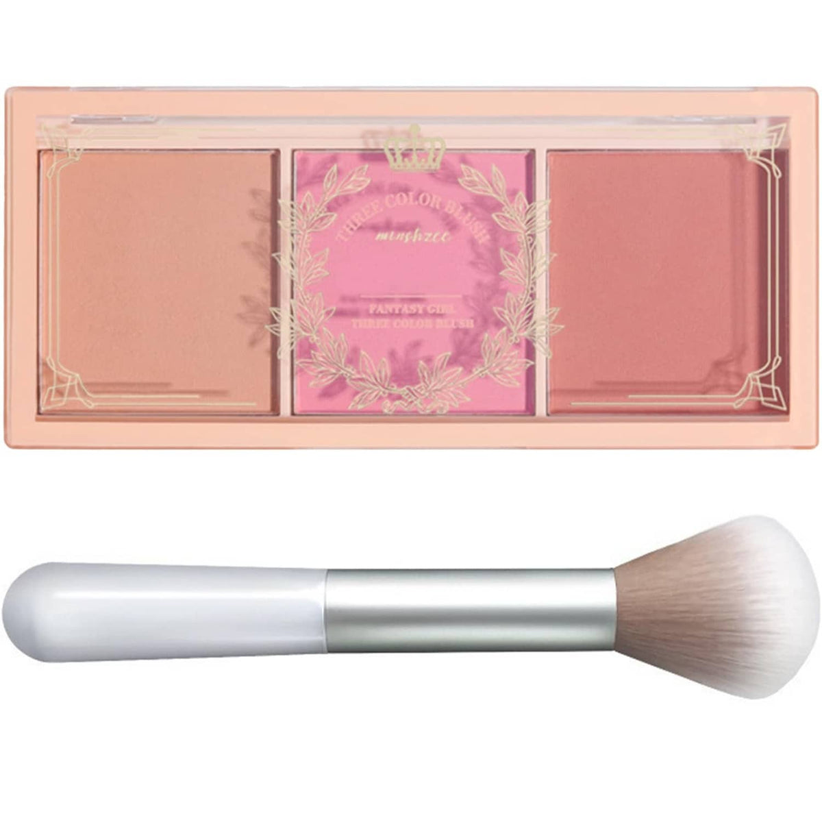 3-pan matte pink blush palette with mirror and built-in brush, open compact