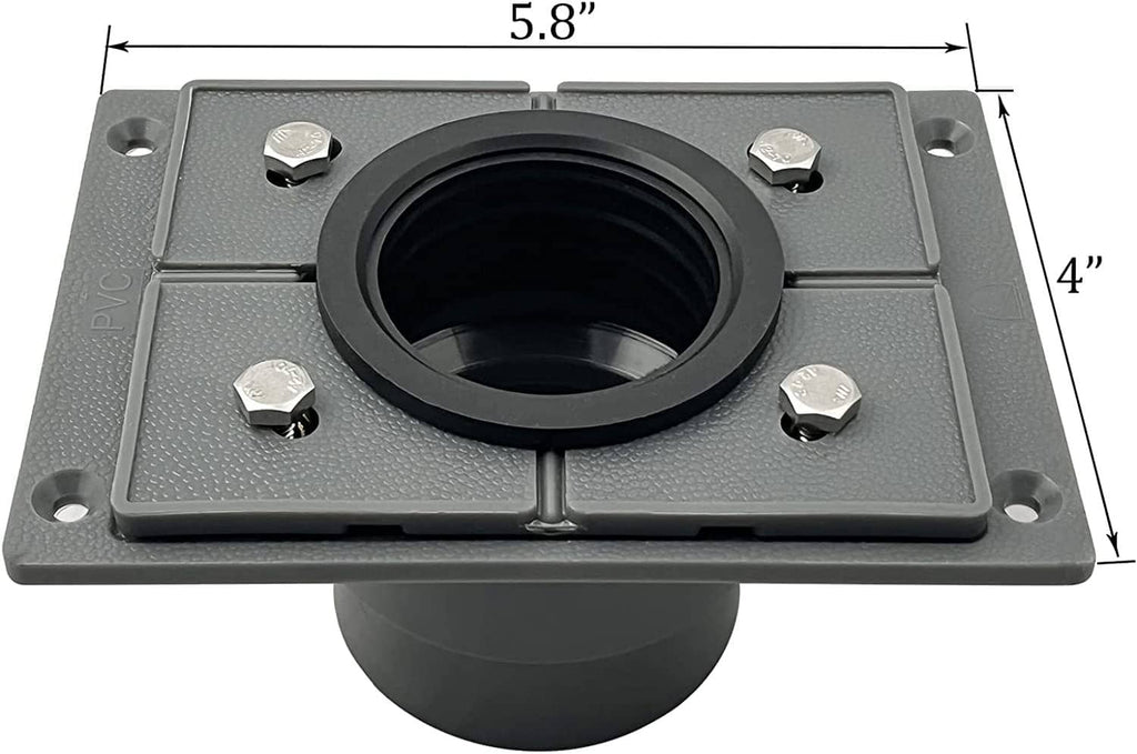 Square shower drain base with round outlet opening and four mounting bolts