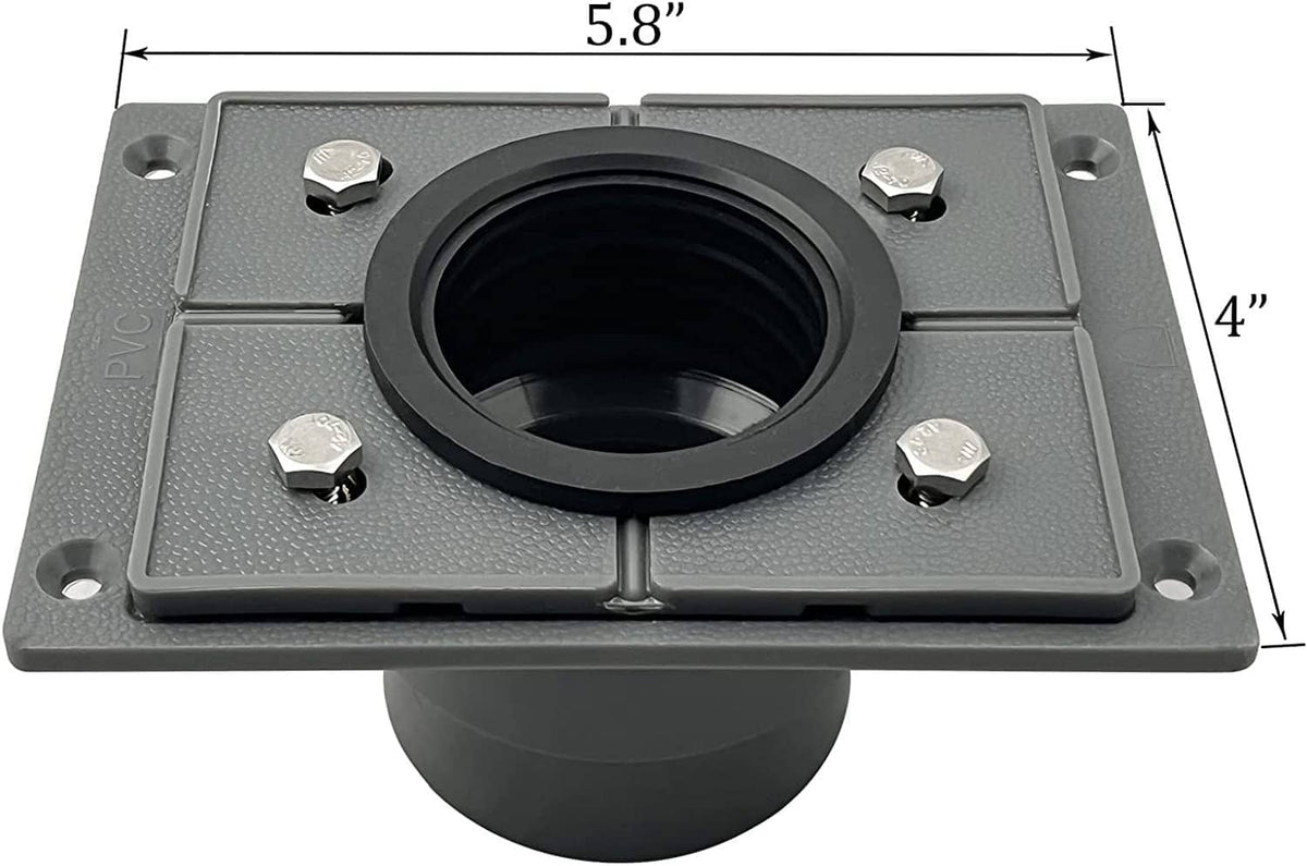 Square shower drain base with round outlet opening and four mounting bolts