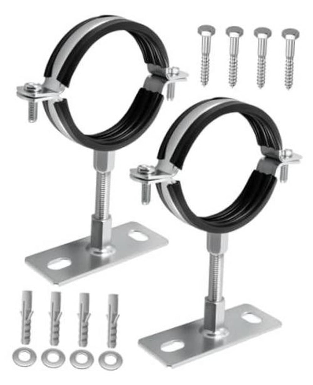 2-piece adjustable split-ring pipe hangers with black rubberized straps and metal bases