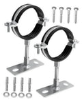 2-piece adjustable split-ring pipe hangers with black rubberized straps and metal bases