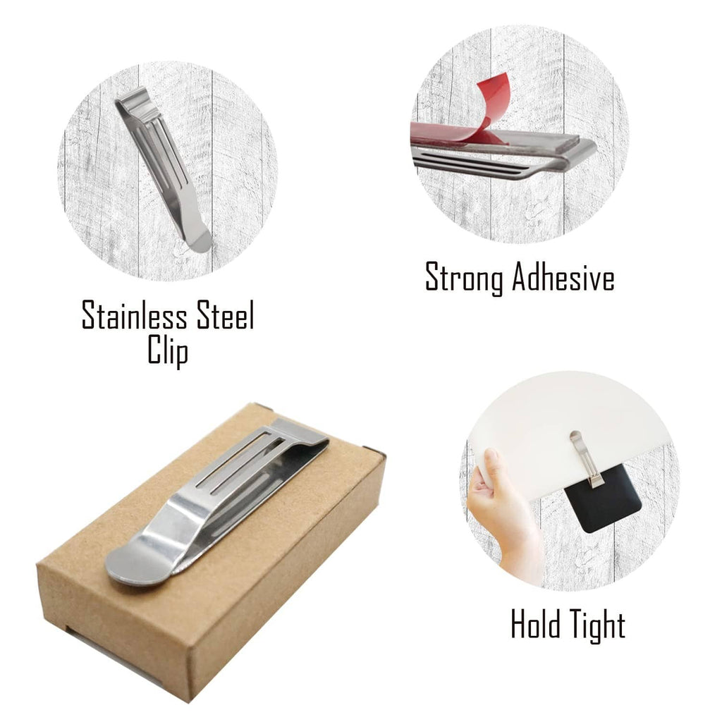 Silver stainless steel pocket clip in retail box with close-up details
