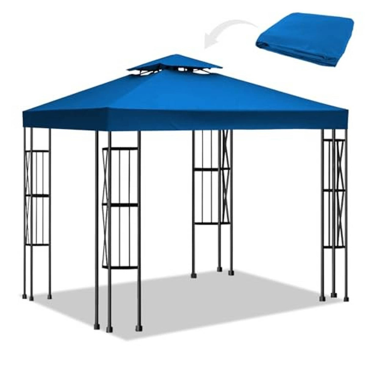 Blue double-tiered canopy replacement top over metal frame