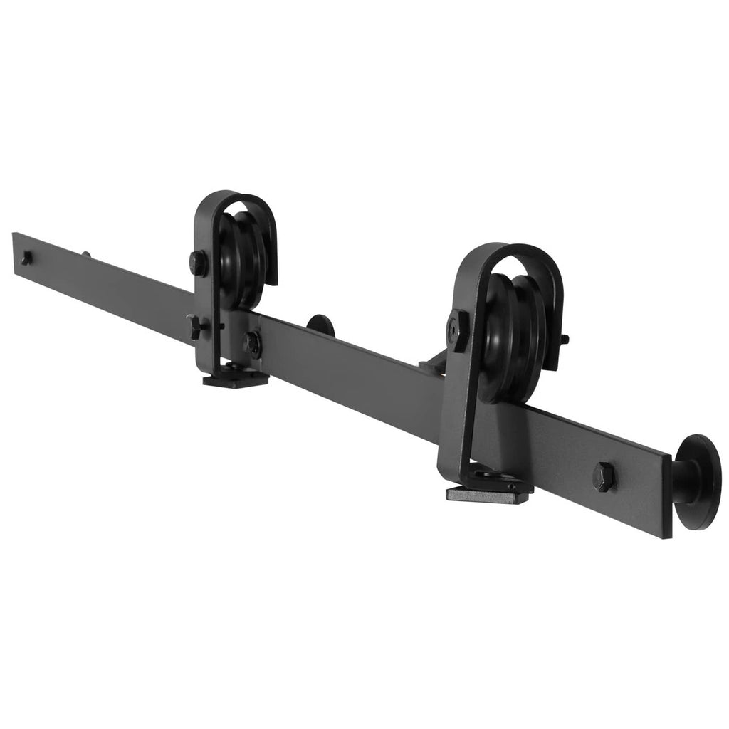Black sliding barn door track rail with roller hangers and end roller brackets