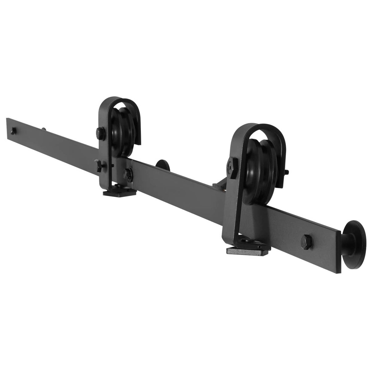 Black sliding barn door track rail with roller hangers and end roller brackets