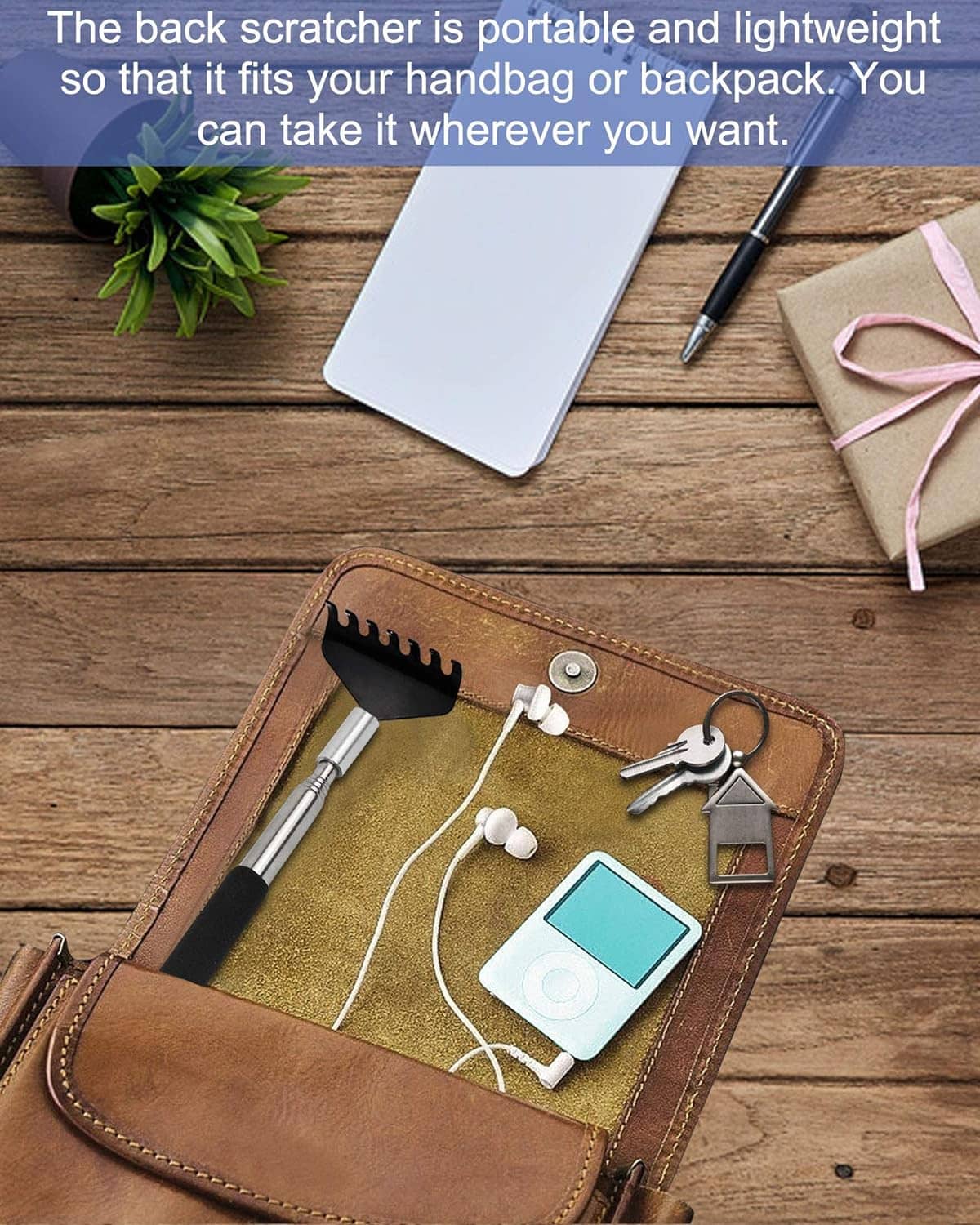 Portable back scratcher in a tan travel organizer pouch with small accessories