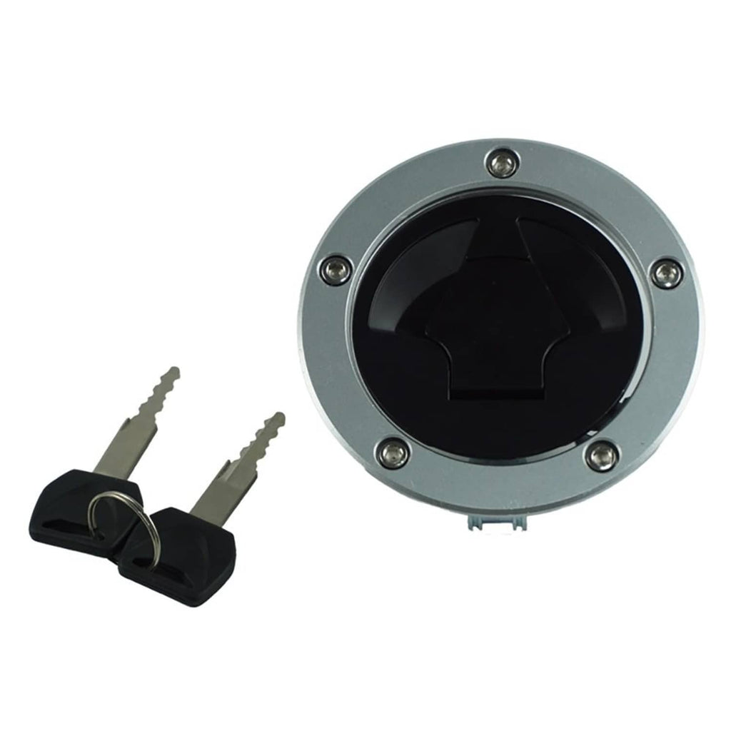 Fuel tank gas cap lock with two keys, round silver housing with black locking face