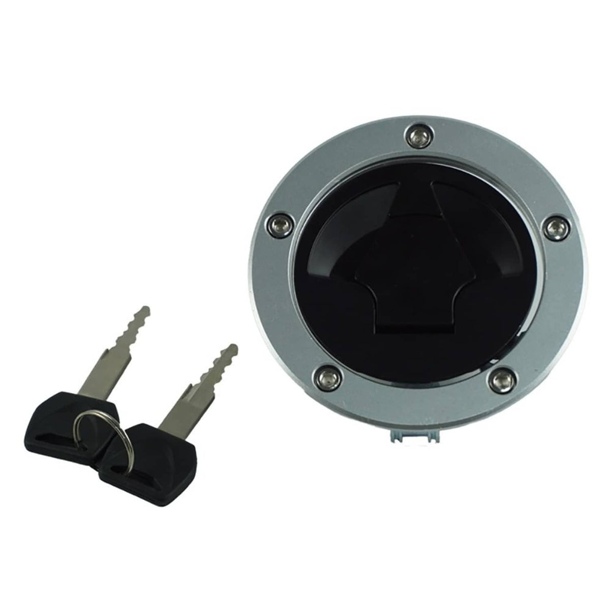 Fuel tank gas cap lock with two keys, round silver housing with black locking face