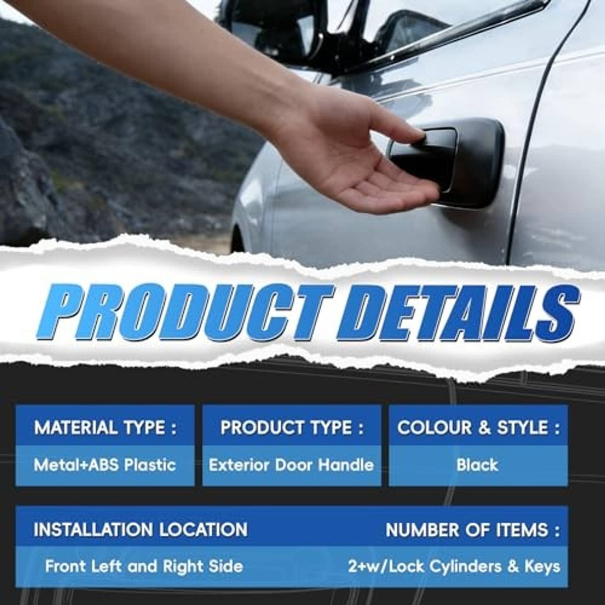 Black exterior door handle on car door with hand gripping the lever