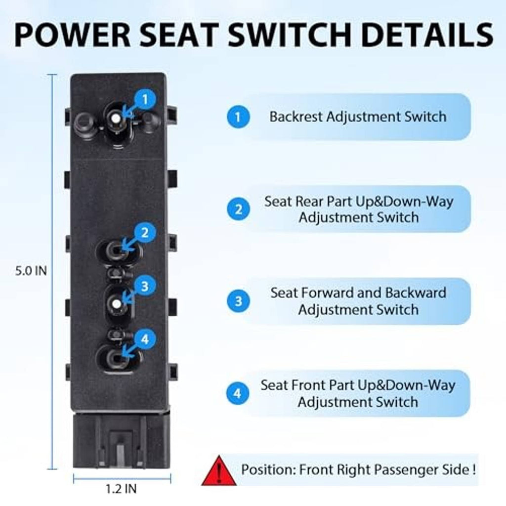 Power seat switch module with four adjustment switch knobs and mounting clips