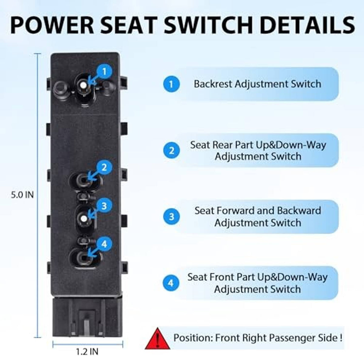 Power seat switch module with four adjustment switch knobs and mounting clips