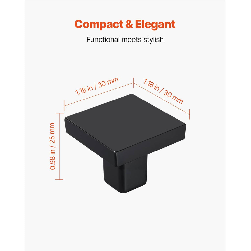 Square black cabinet knob, front view with top square plate and small stem