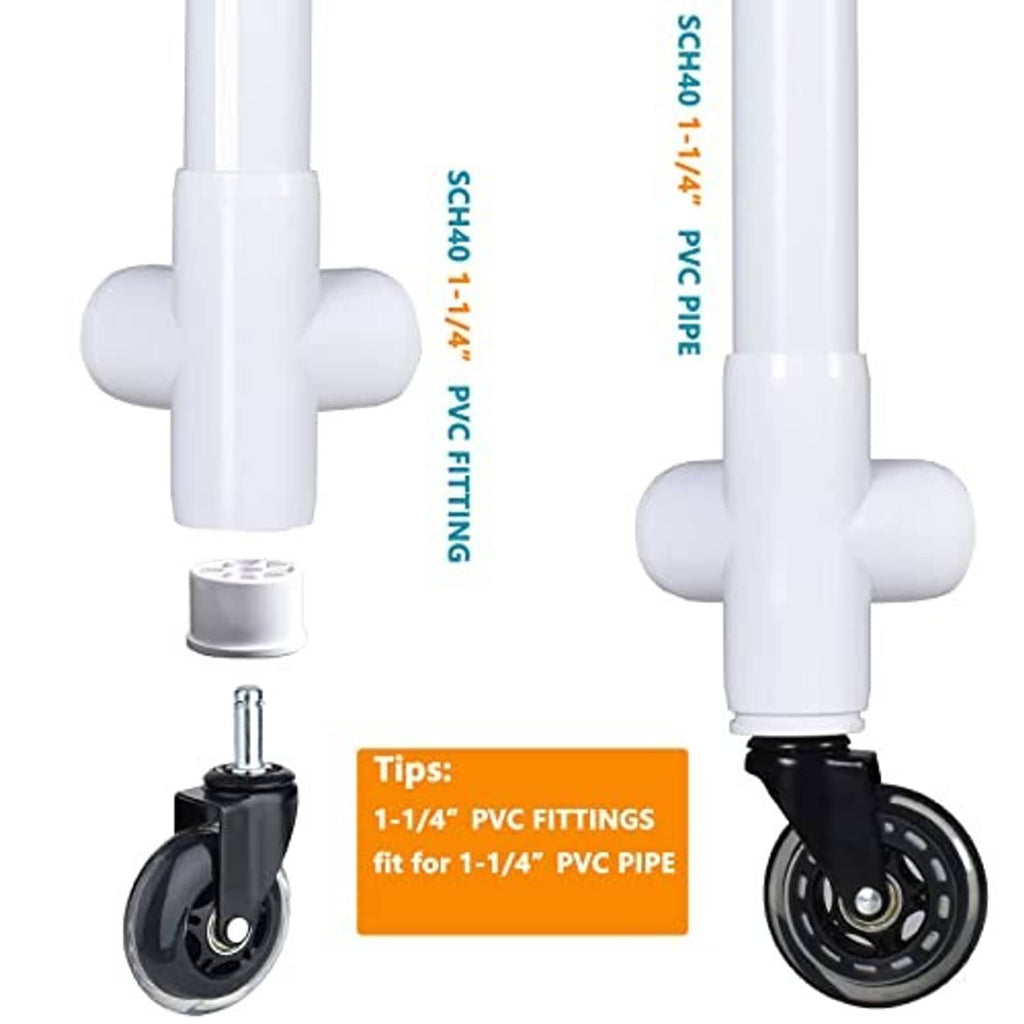 White PVC pipe fitting with caster wheel and chrome axle