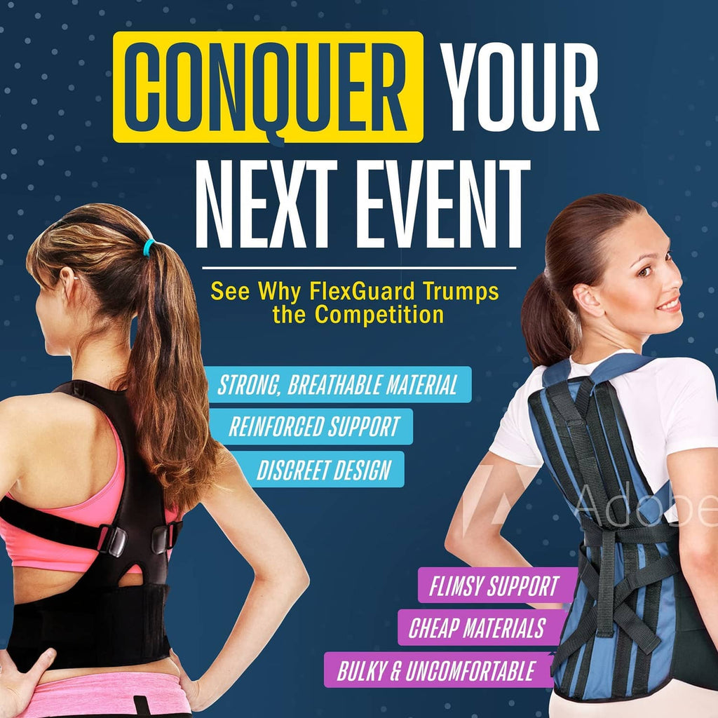 Black posture corrector brace worn by women, padded back panel with adjustable straps.