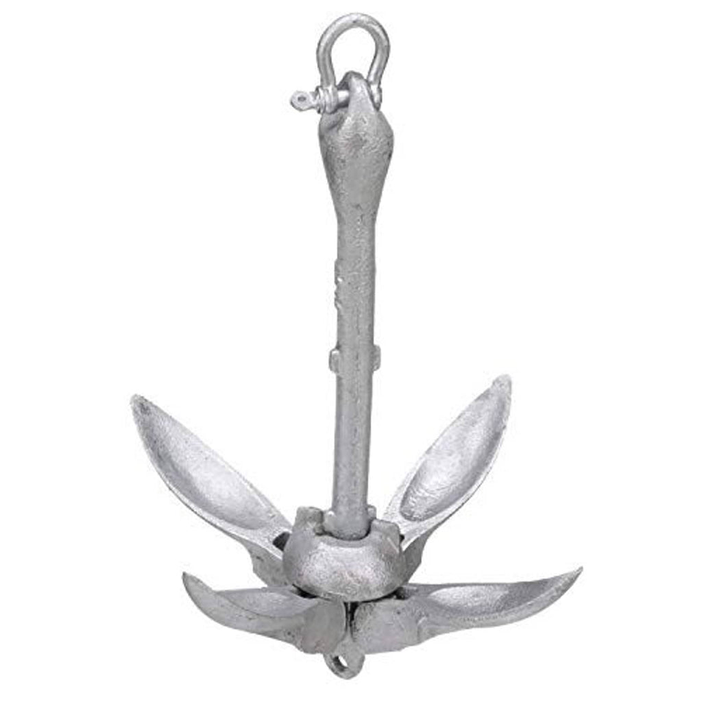 Folding grapnel anchor shank with lifting eye and hinged flukes, silver galvanized finish