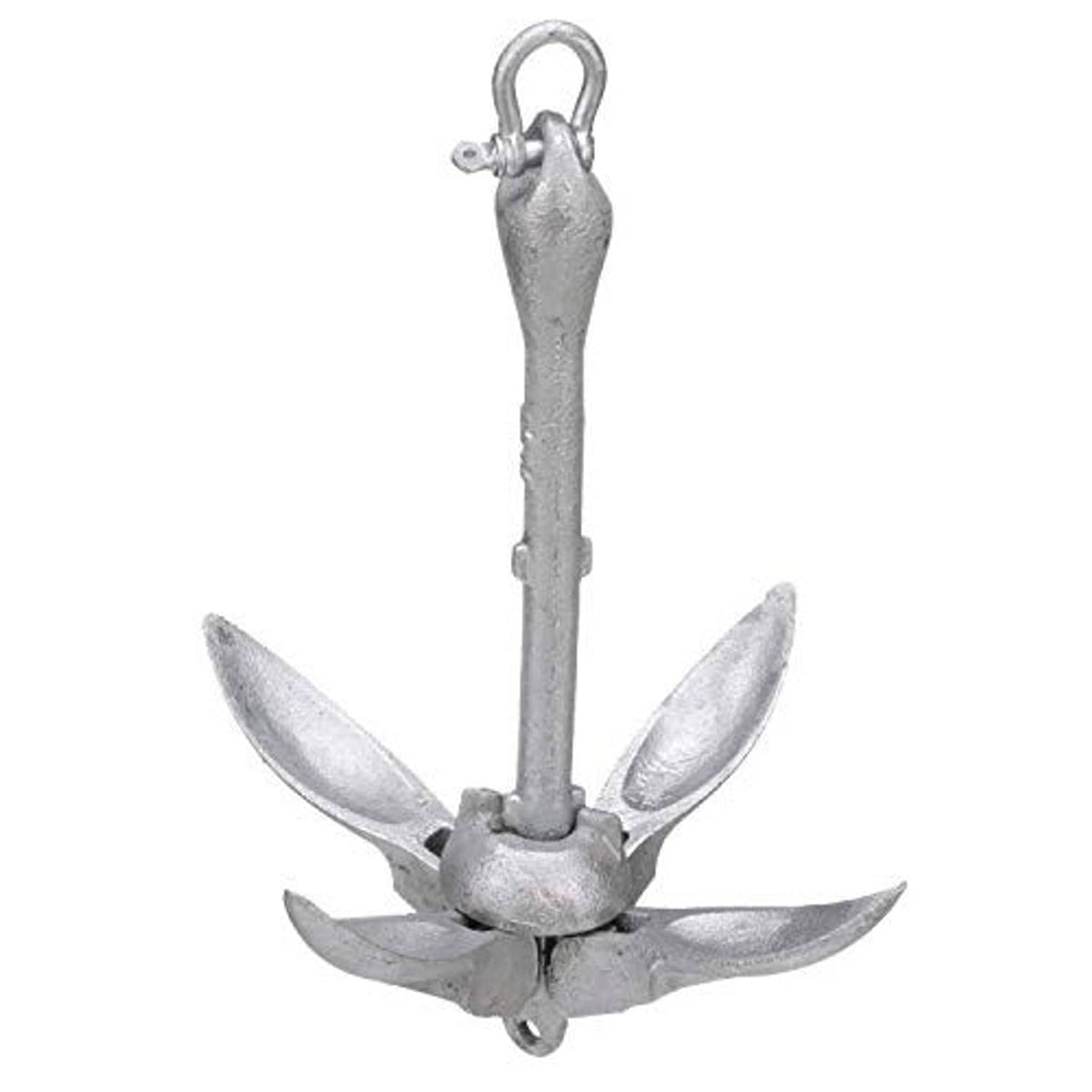 Folding grapnel anchor shank with lifting eye and hinged flukes, silver galvanized finish