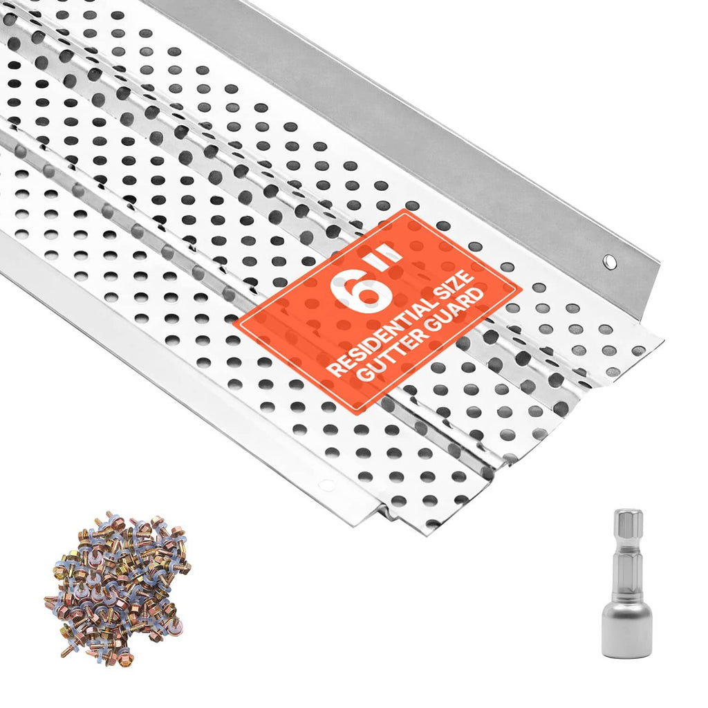 Perforated aluminum gutter leaf guard with 6 in resident gutter size label