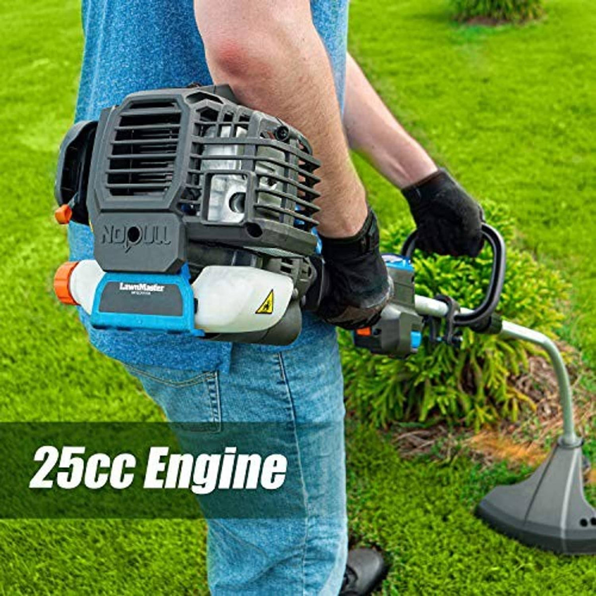 Gas string trimmer held by operator with curved shaft and cutting line head