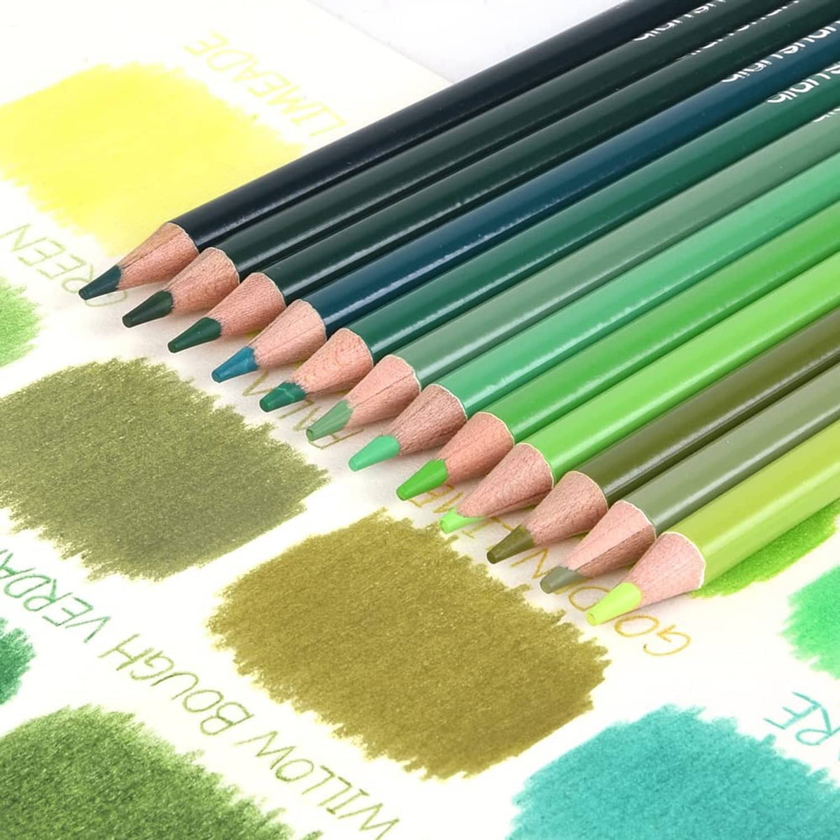 Assorted green colored pencil points with visible pigment strokes on paper
