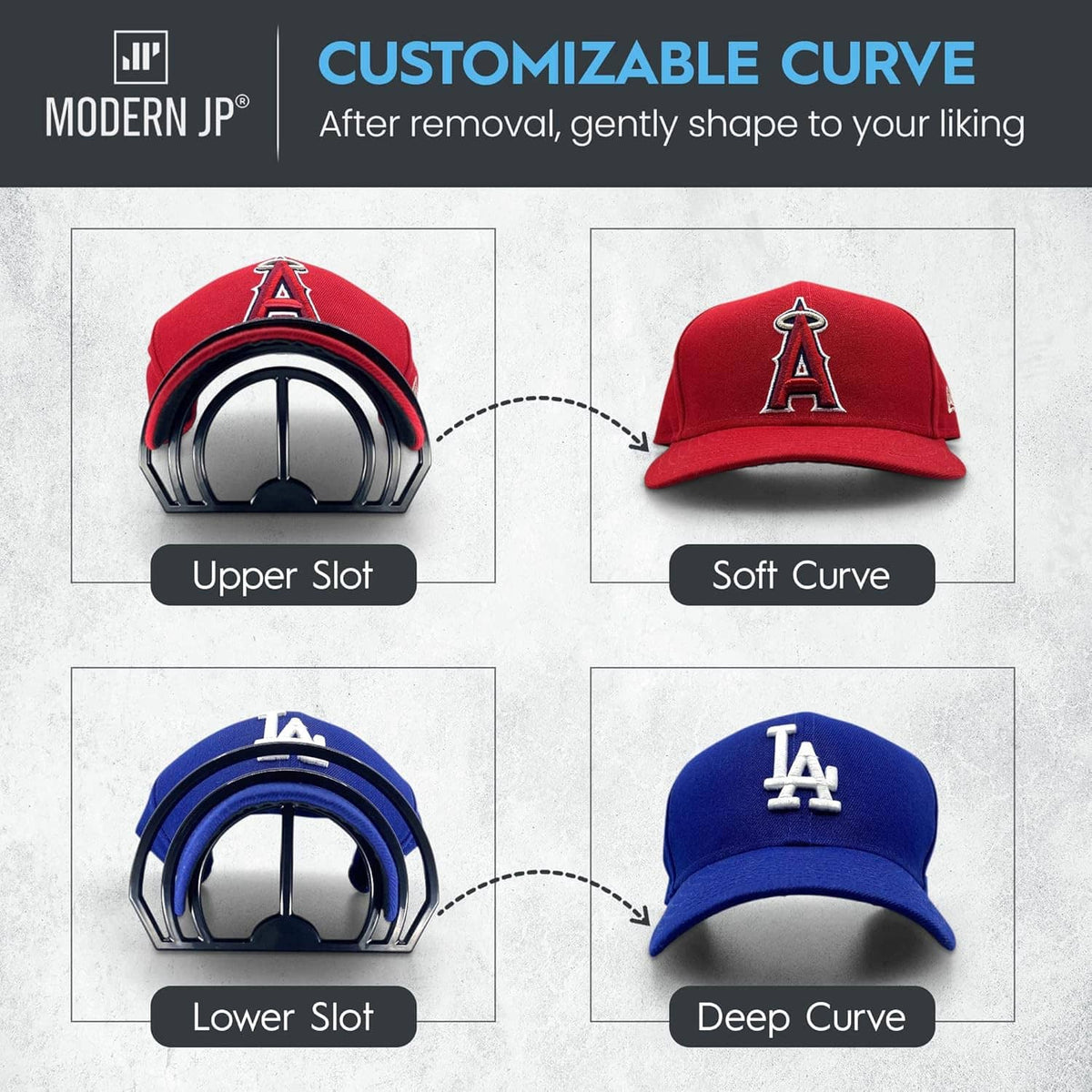 Cap brim bender with adjustable curves on red and blue caps using black guide arches