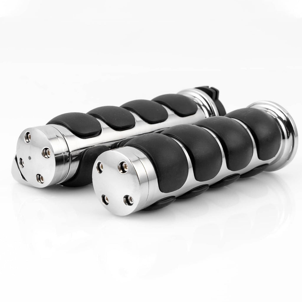 Motorcycle grip set with black rubber sections and chrome end caps with bolts