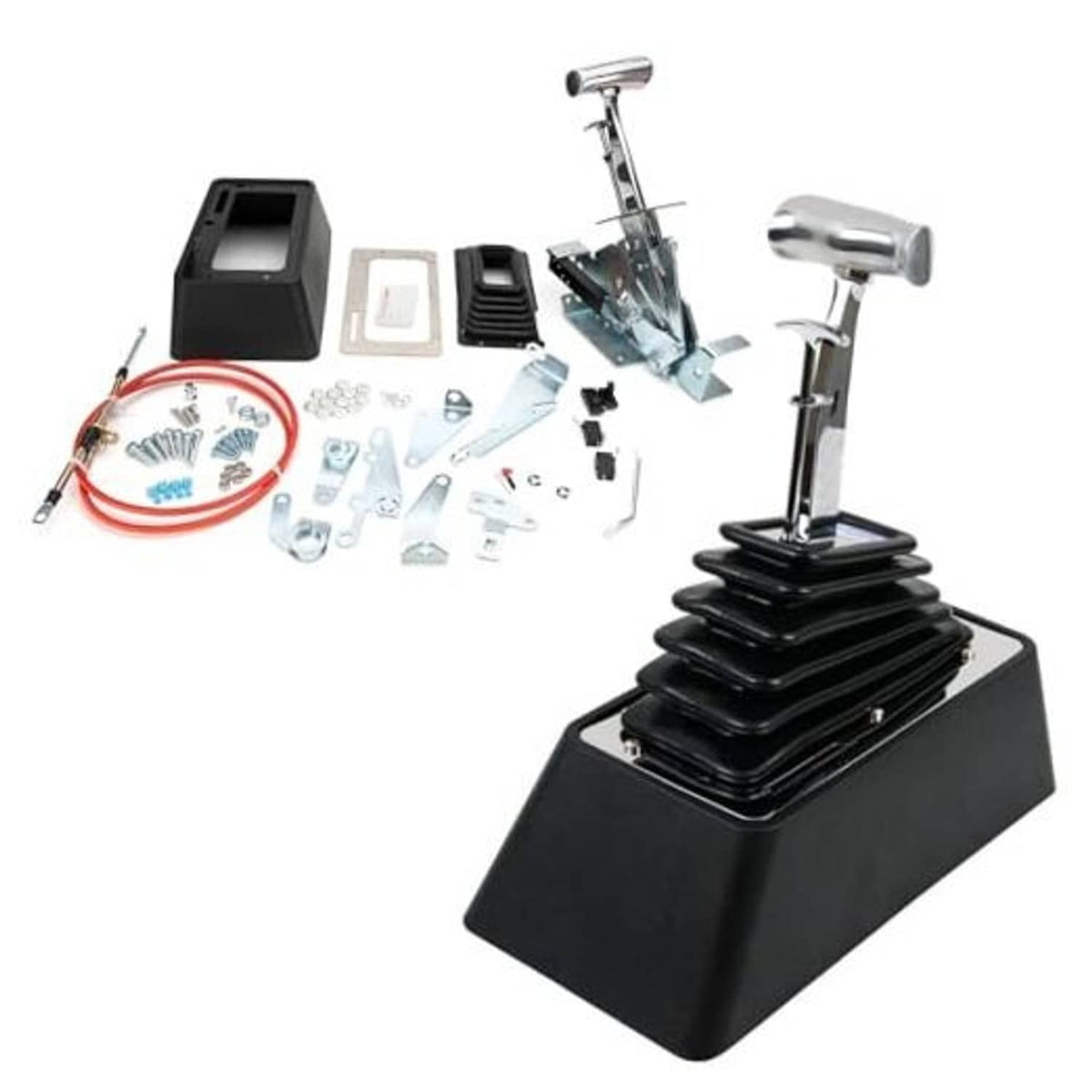 Automatic shifter kit with chrome handle, black base, and included hardware parts
