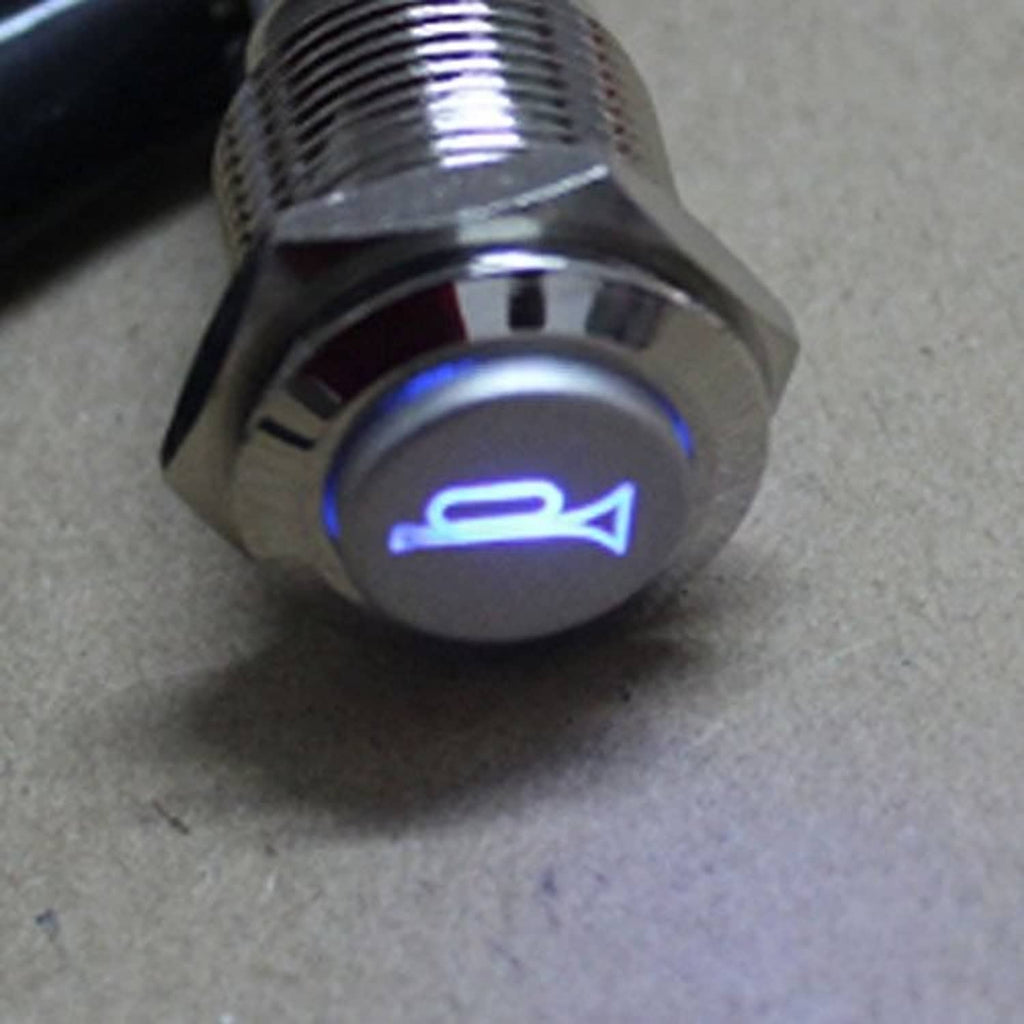 Close-up of momentary horn push button showing glowing blue LED horn symbol