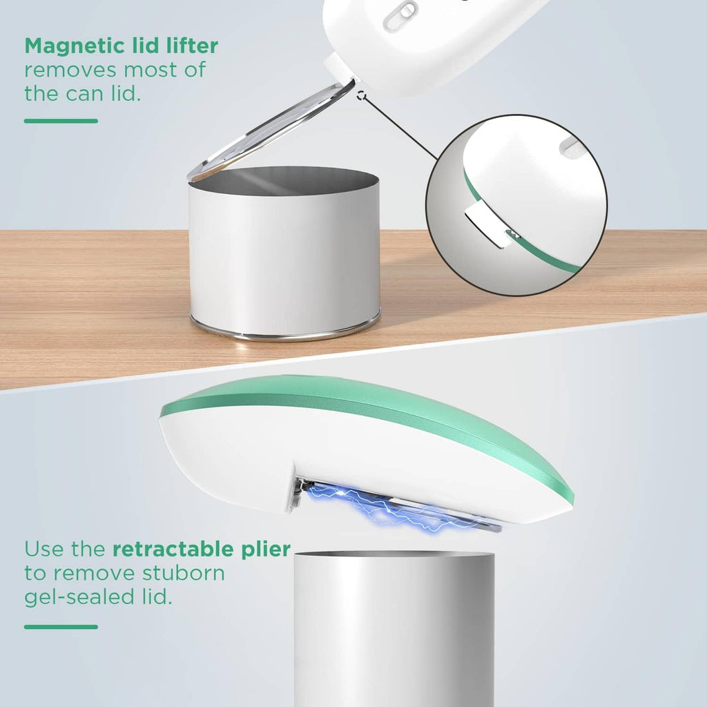White rechargeable can opener cutting a can lid, with retractable lid lifter.