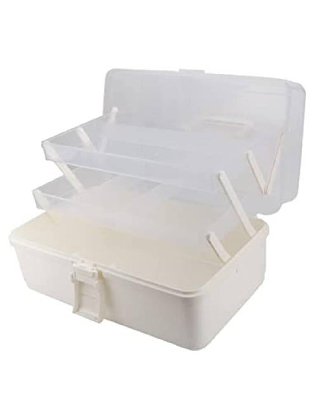 White 3-layer plastic tackle storage box, open lid with three inner compartments