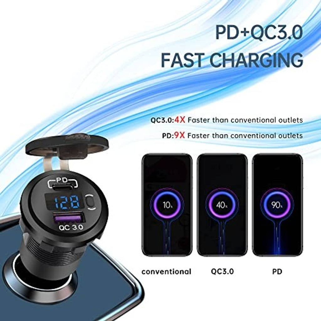 Black dual USB car charger with LED voltmeter, PD USB-C and QC 3.0 port
