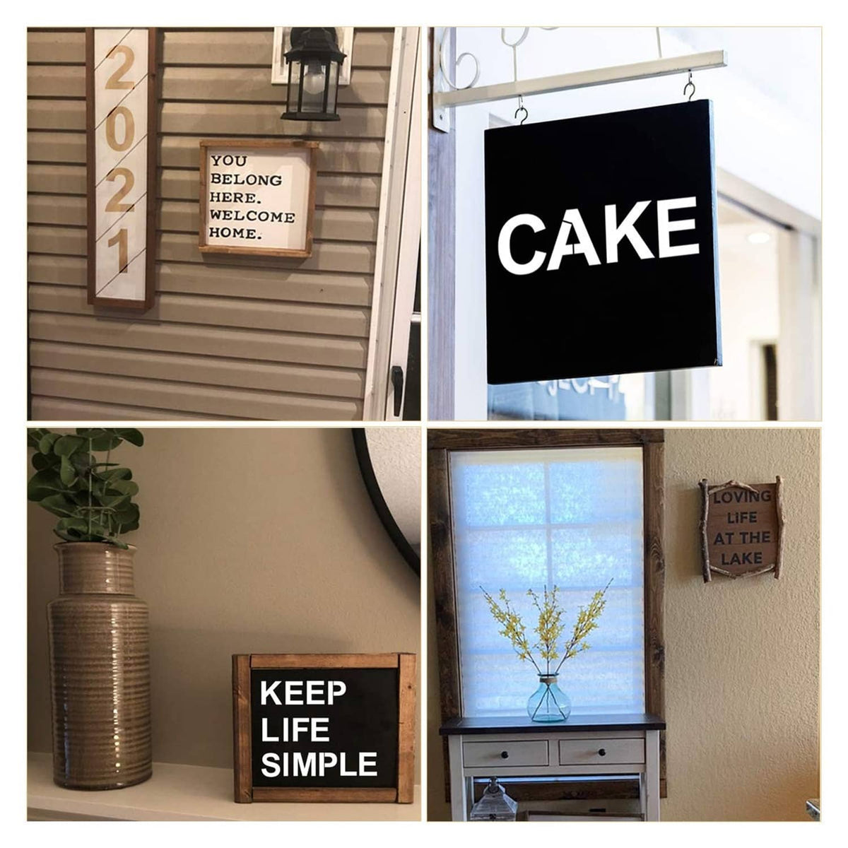 Lettering stencil set applied to signs reading “KEEP LIFE SIMPLE” and “WELCOME HOME”