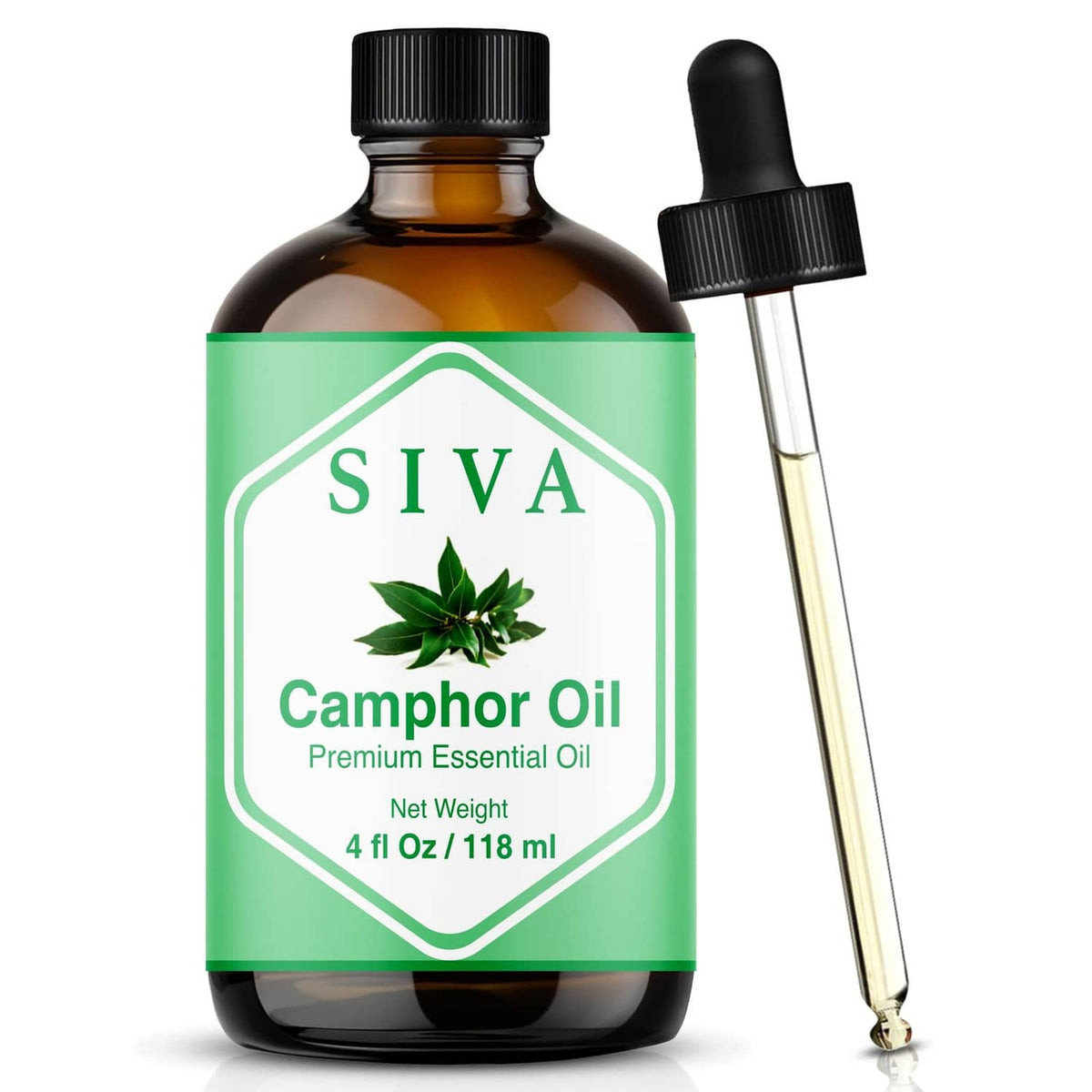 Amber glass camphor essential oil bottle with SIVA label and black dropper top