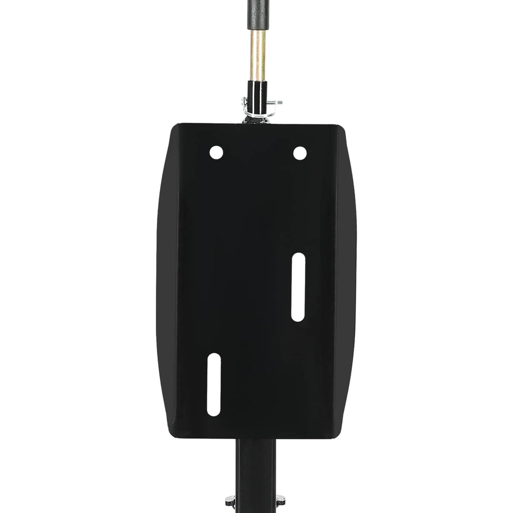 Black spare tire carrier bracket with two mounting holes and central vertical rod