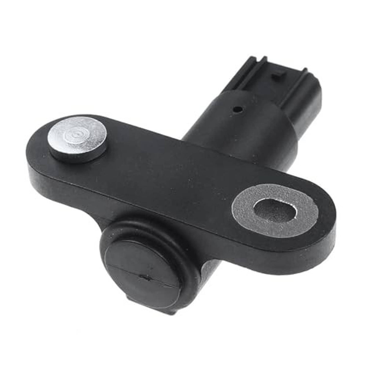 Camshaft sensor with black body, silver-topped fasteners, and side electrical interface