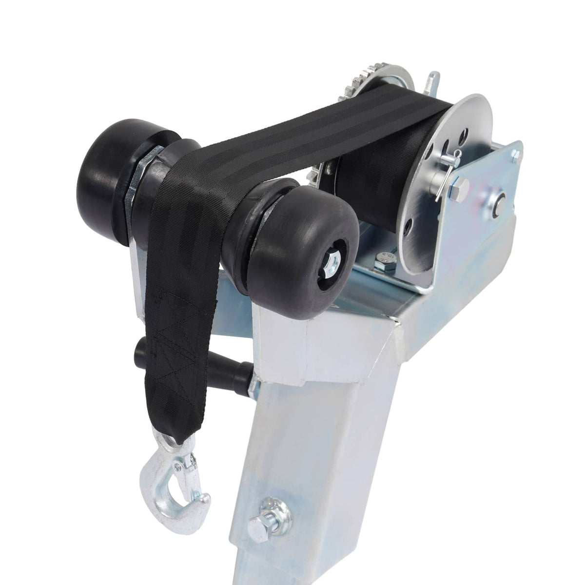 Winch post with black rubber rollers and side-mounted winch drum on a galvanized frame.