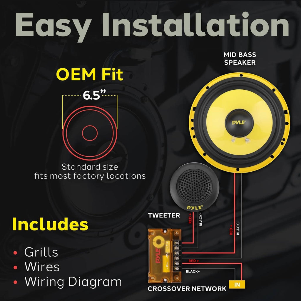 6.5-inch 2-way component speaker set with yellow woofer, tweeter, and crossover wiring