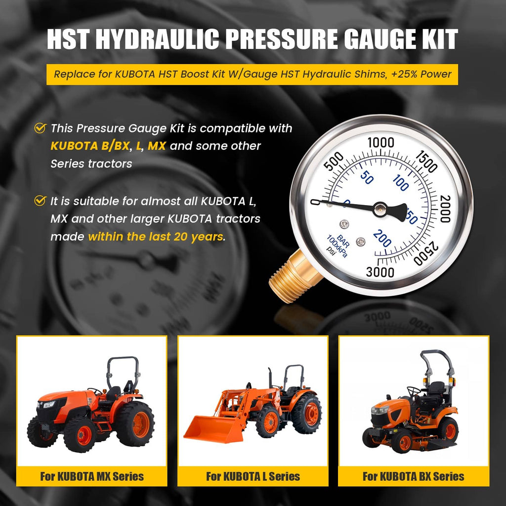 Hydraulic pressure gauge with dial and threaded connection, with hoses and fittings