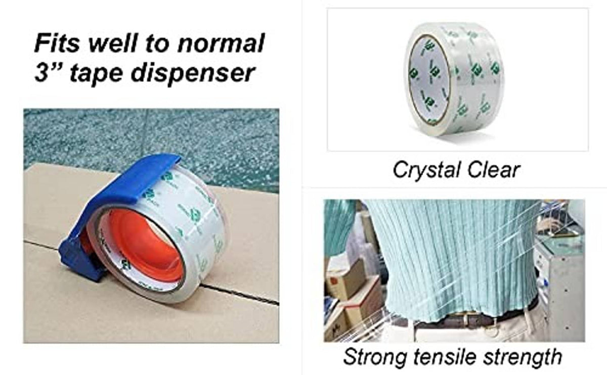 Clear packing tape with blue dispenser, fits normal 3" tape dispensers