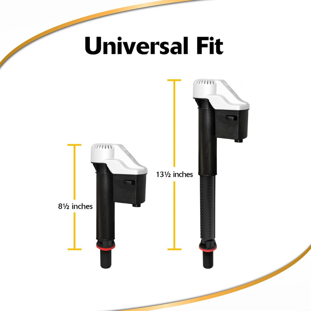 Universal toilet fill valve with white top, black threaded tube, size labeled