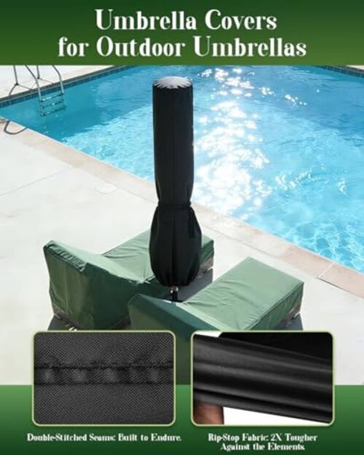 Black outdoor umbrella cover fabric panels with reinforced stitching details