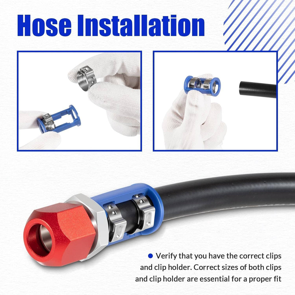 A/C line splice kit with installed coupler on black hose using a clamp tool