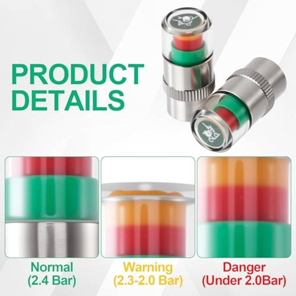 Tire valve cap pair with silver metal body, colored bands, and pressure icon end