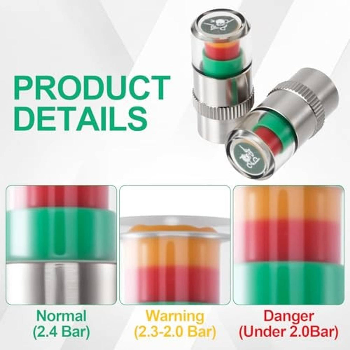 Tire valve cap pair with silver metal body, colored bands, and pressure icon end