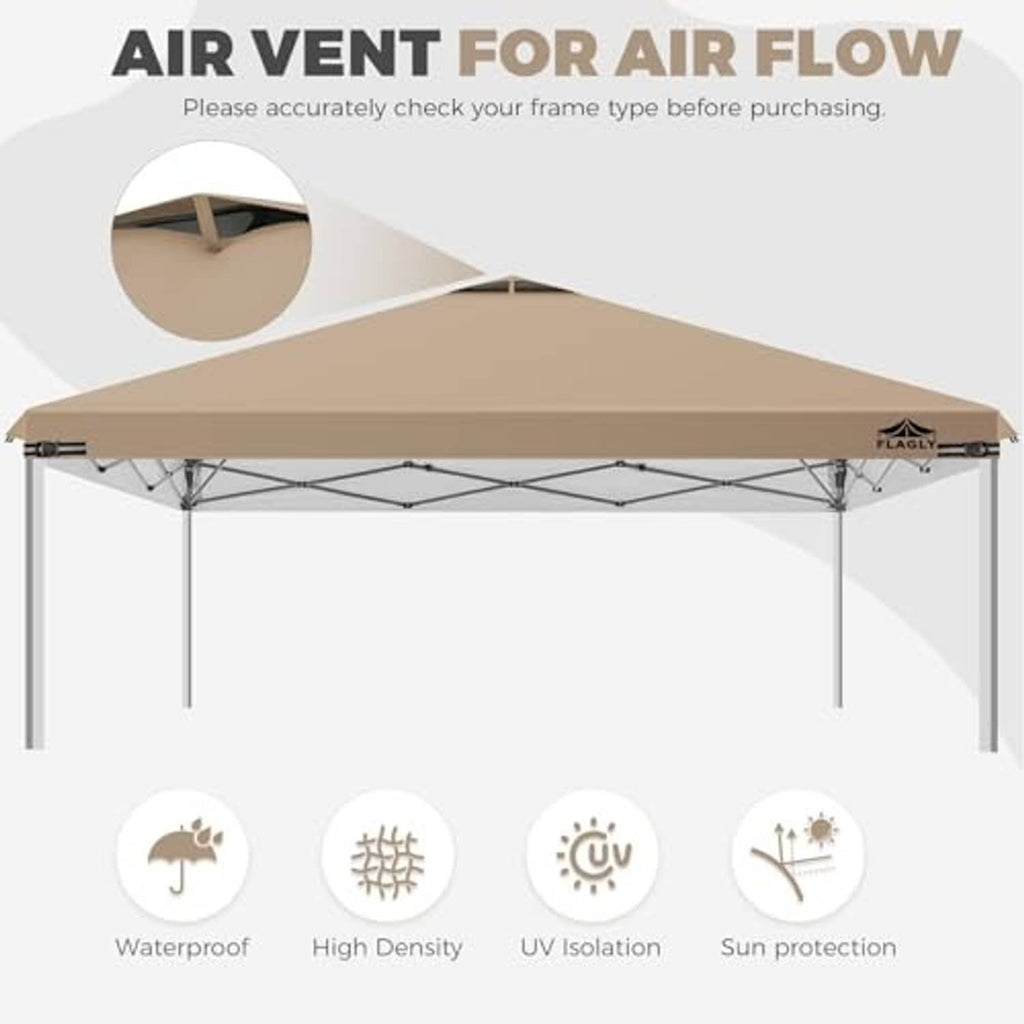 Khaki canopy top with vent opening and waterproof, UV-protective roof material
