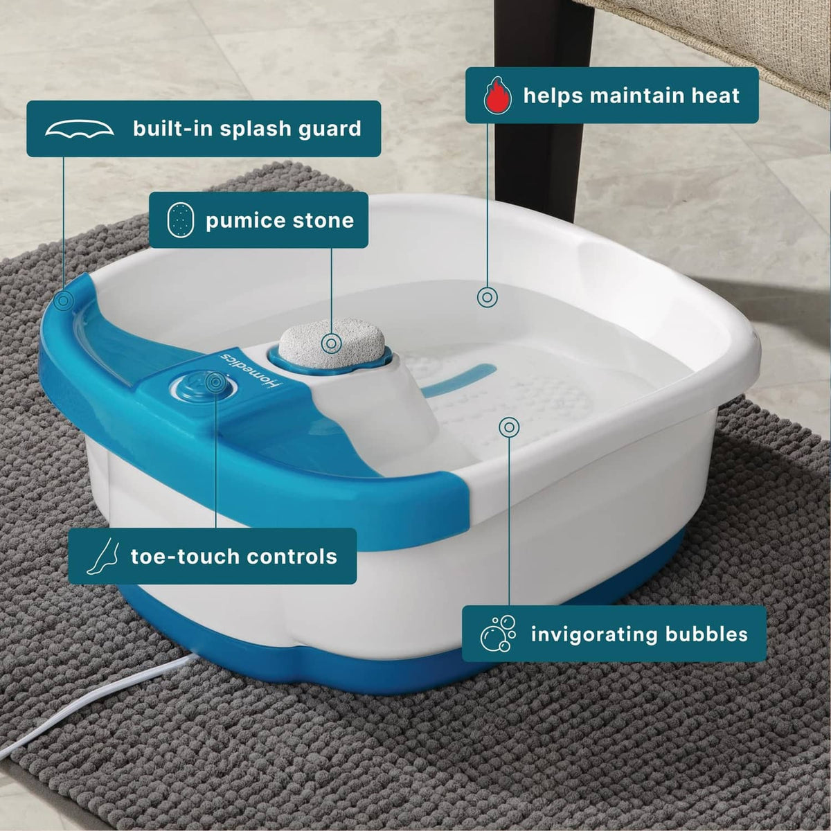 Blue and white foot spa with splash guard, pumice stone, and toe-touch controls