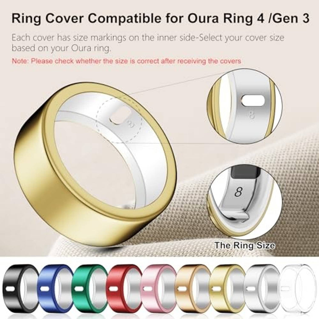 Gold smart ring charging cover set with size 8 indicator and cutout window, multiple views.