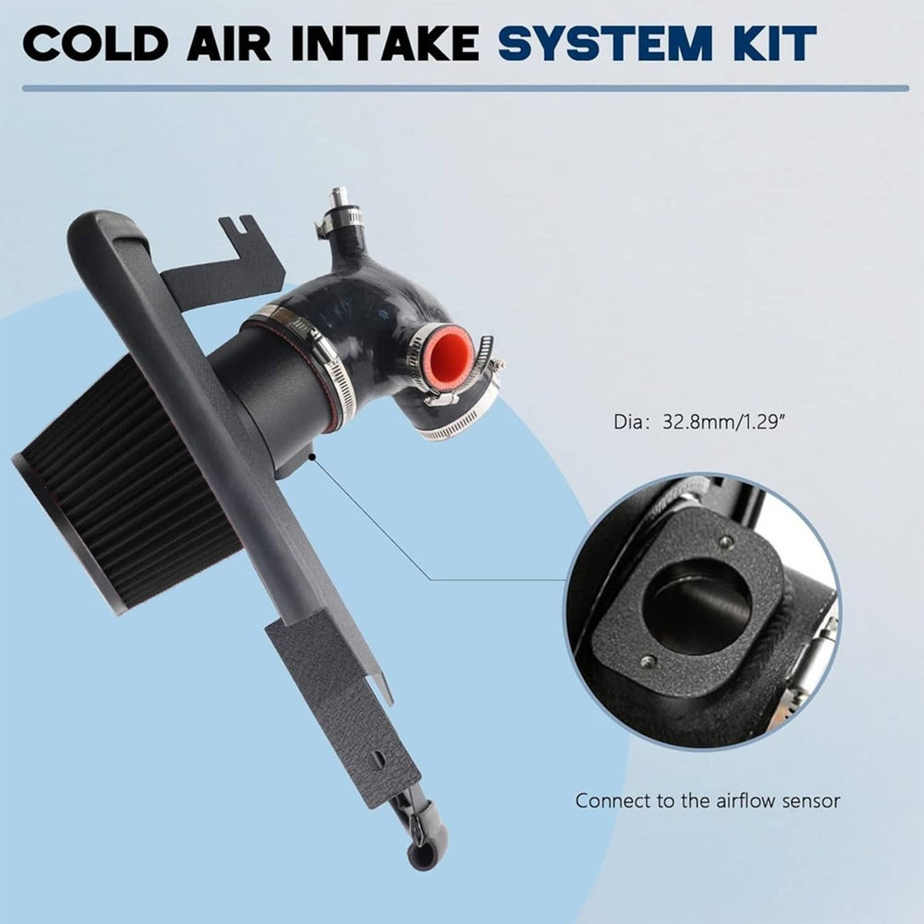 Cold air intake system kit with black cone filter, intake tube, and red air outlet