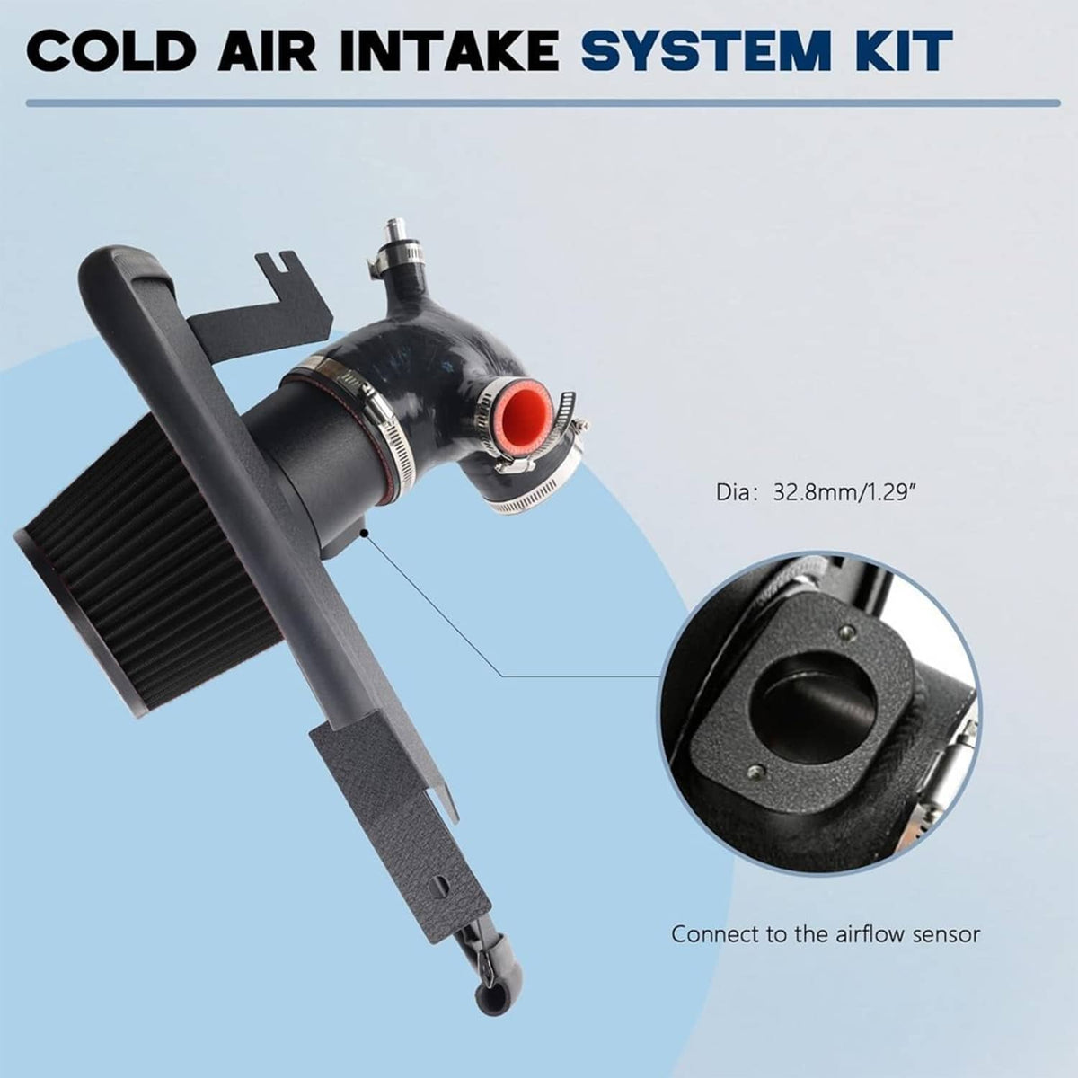 Cold air intake system kit with black cone filter, intake tube, and red air outlet