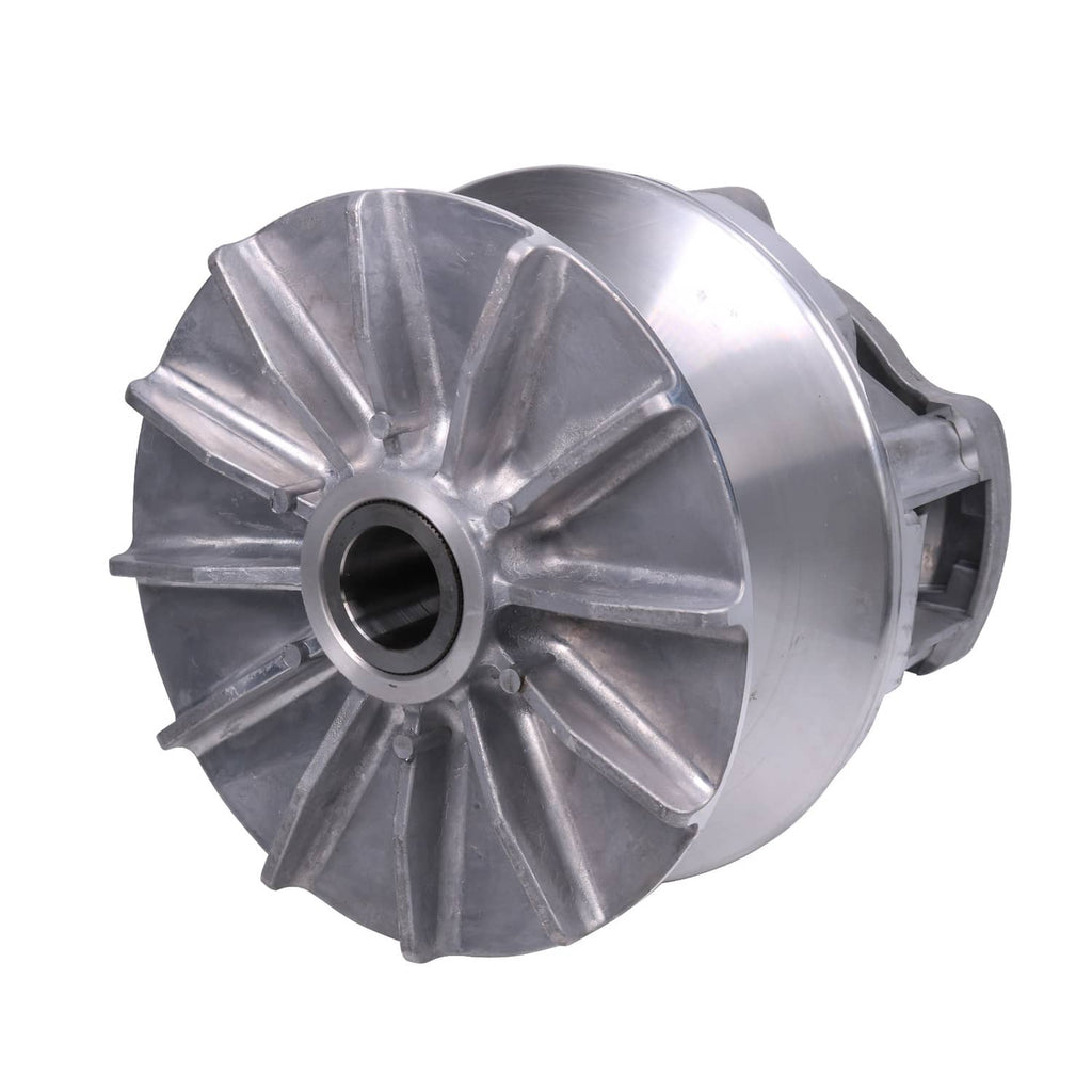 Silver primary drive clutch assembly side view with center bore and finned drive plate